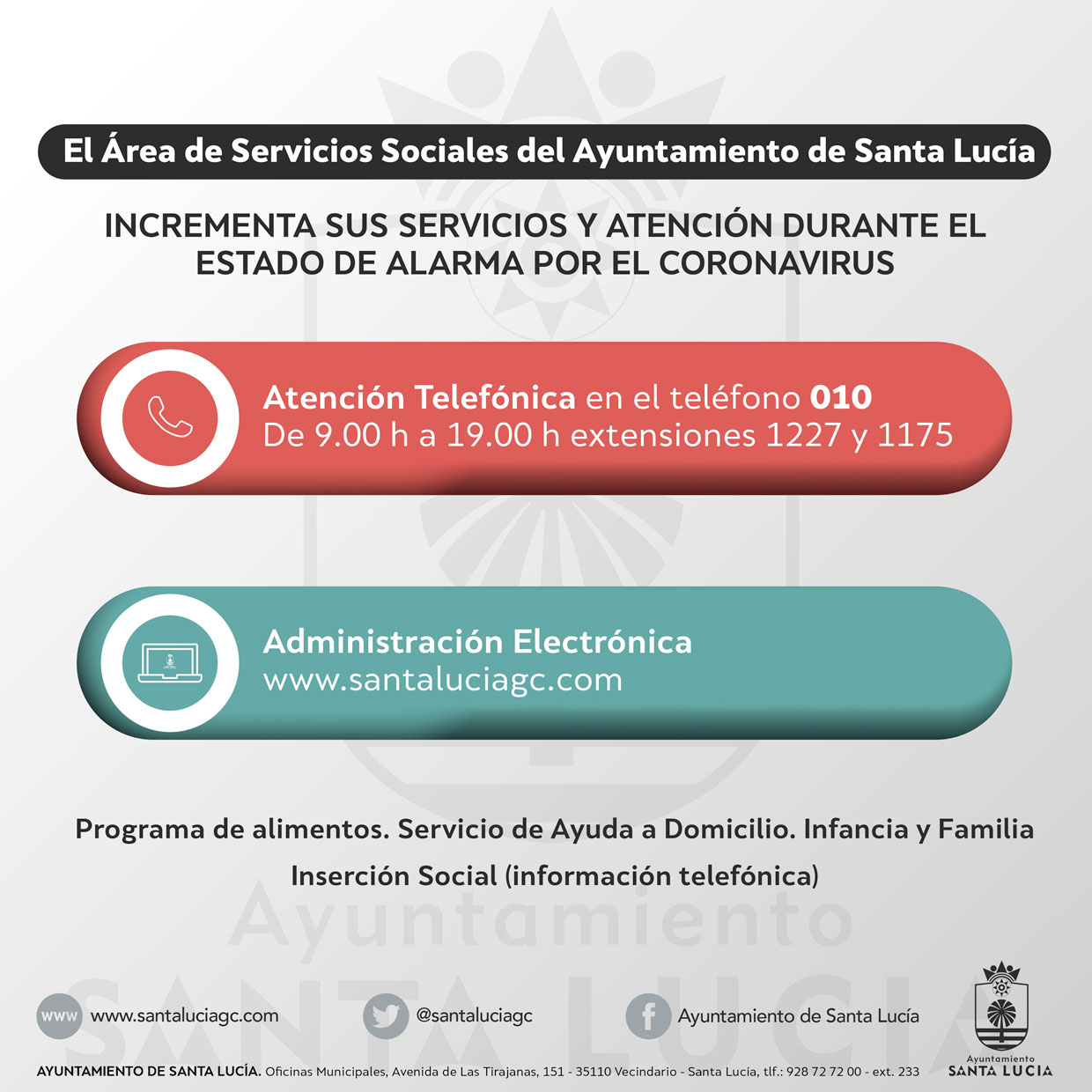 El Ayuntamiento de Santa Lucía  refuerza los Servicios Sociales para atender a las personas más vulnerables 