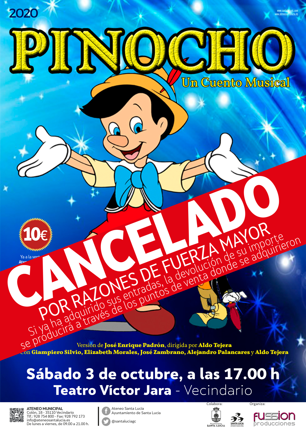 Cancelada  la representación de ‘Pinocho, un cuento musical’ que estaba programada el 3 de octubre en el teatro Víctor Jara