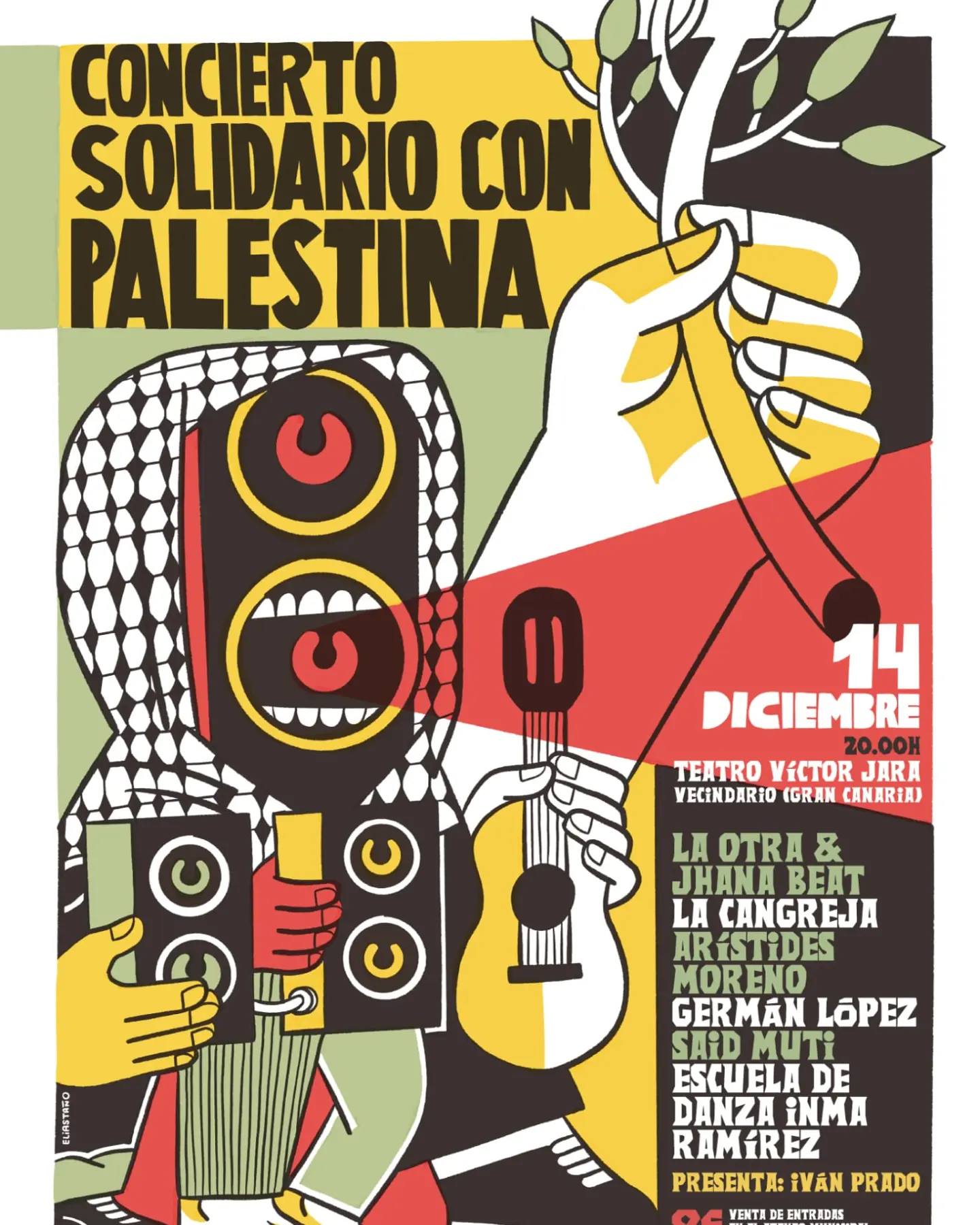 Arístides Moreno, Germán López y La Cangreja en el concierto por Palestina este jueves en el teatro VíctorJara 