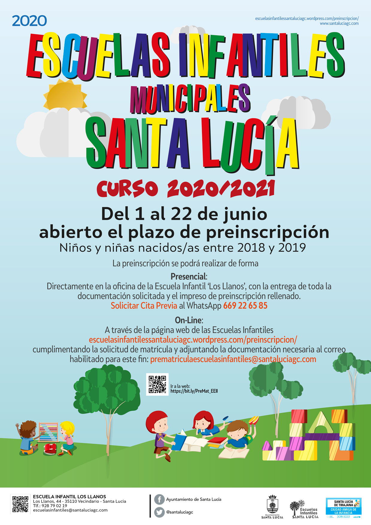Abierto el plazo de preinscripción para la matrícula del curso 2020-21 en las Escuelas Infantiles Municipales de Santa Lucía